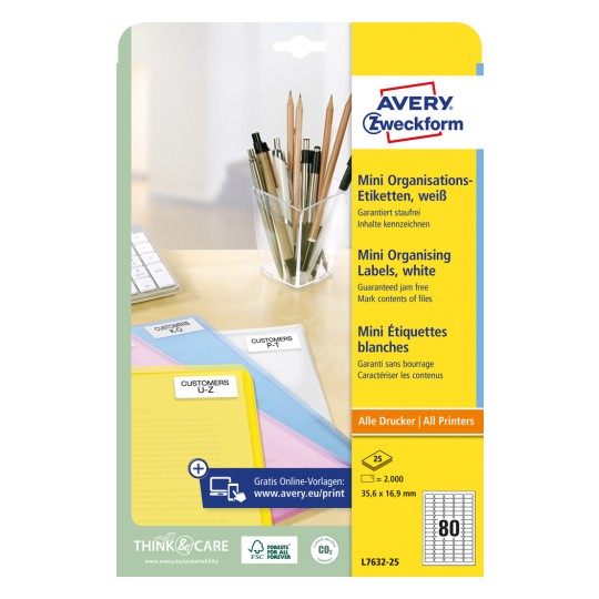 Изображение упаковки: Avery Zweckform мини-организационные этикетки, артикул: L7632-25, размер: 35,6 x 16,9 мм, совместимость с печатью: струйные, лазерные черно-белые, цветные лазерные принтеры, содержимое: 2000 этикеток / 25 листов, 80 этикеток/лист.