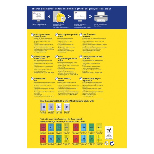 Информационное изображение рекламирует мини-организационные этикетки Avery. Оно содержит инструкции на нескольких языках о том, как быстро разрабатывать и печатать этикетки. На изображении представлены разные размеры этикеток и разнообразные цвета, подчеркивающие их использование для организации документов.