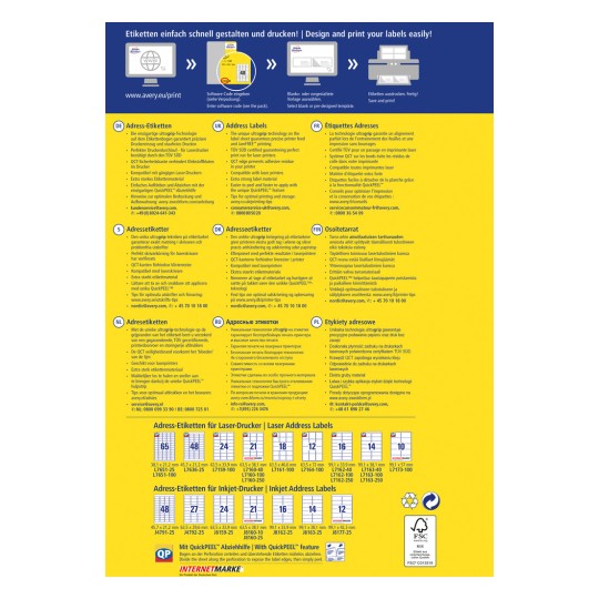 Изображение содержит информацию об адресных этикетках, демонстрируя различные типы этикеток, их особенности и многоязычные инструкции по дизайну и печати. Оно также включает диаграмму, демонстрирующую функцию Easy Peel.