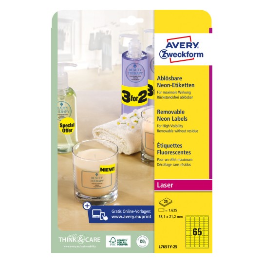 Изображение упаковки: Avery Zweckform неоновые метки, артикул: L7651Y-25, формат: 38,1 x 21,2 мм, подходит для печати: лазерная черно-белая, цветная лазерная, содержание: 1.625 этикеток / 25 листов, 65 этикеток/лист.