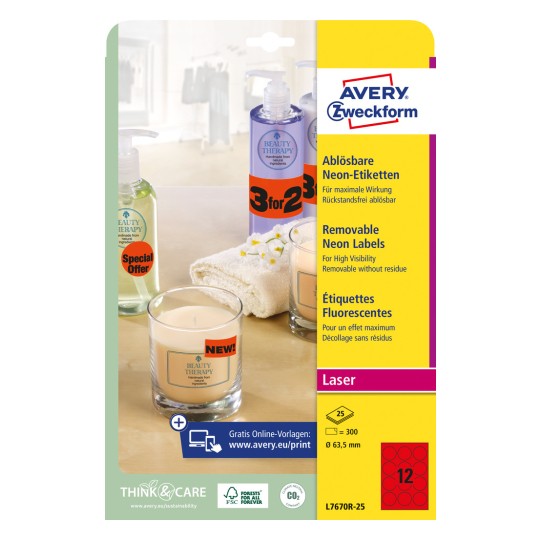Изображение упаковки: Avery Zweckform Неоновые наклейки, артикул: L7670R-25, формат: ⌀ 63.5 мм, совместимость с принтерами: лазерные ч/б, цветные лазерные, содержание: 300 наклеек / 25 листов, 12 наклеек/лист.