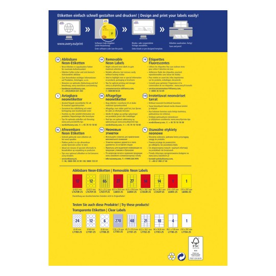 Изображение представляет собой рекламный флаер для съемных неоновых этикеток, в котором подробно описаны их характеристики, размеры и использование. Включены инструкции на нескольких языках и примеры дизайнов этикеток.