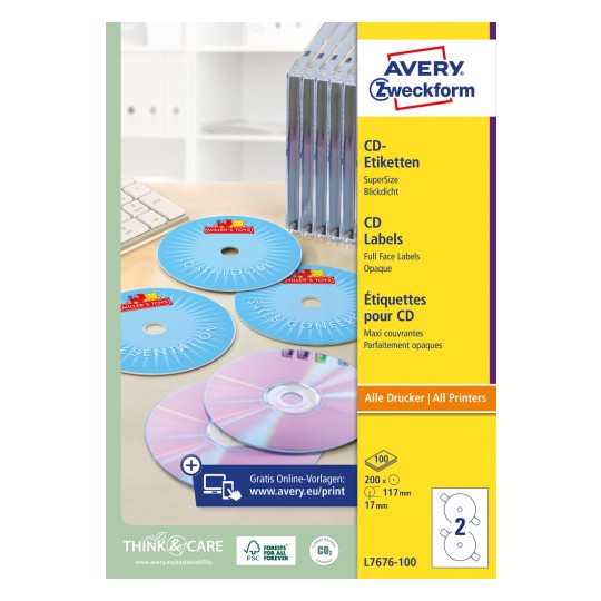Изображение упаковки: этикетки для компакт-дисков Avery Zweckform SuperSize, артикул: L7676-100, формат: ⌀ 117 мм, пригодность для печати: струйный принтер, лазерный черно-белый, лазерный цветной, содержание: 200 этикеток / 100 листов, 2 этикетки/лист.