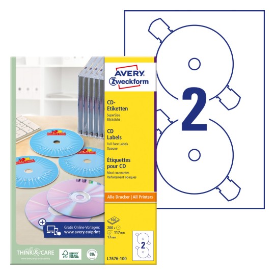 Изображение упаковки с листом этикеток: Avery Zweckform CD-Etiketten SuperSize, артикул: L7676-100, формат: ⌀ 117 мм, подходит для принтеров: струйные, лазерные черно-белые, цветные лазерные, содержание: 200 этикеток / 100 листов, 2 этикетки/лист.