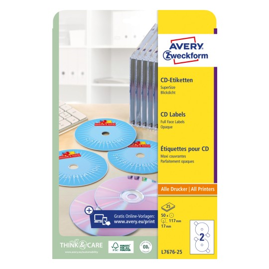 Изображение упаковки: Этикетки для CD Avery Zweckform SuperSize, артикул: L7676-25, формат: ⌀ 117 мм, пригодность для печати: струйные принтеры, лазерные принтеры ч/б, цветные лазерные принтеры, содержание: 50 этикеток / 25 листов, 2 этикетки/лист.