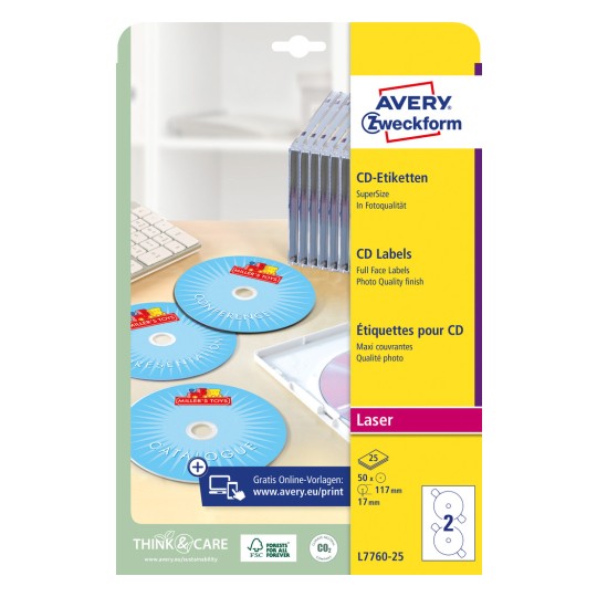 Изображение упаковки: Этикетки для CD Avery Zweckform SuperSize, артикул: L7760-25, формат: ⌀ 117 мм, совместимость с принтерами: лазерный ч/б, цветной лазер, содержание: 50 этикеток / 25 листов, 2 этикетки/лист.