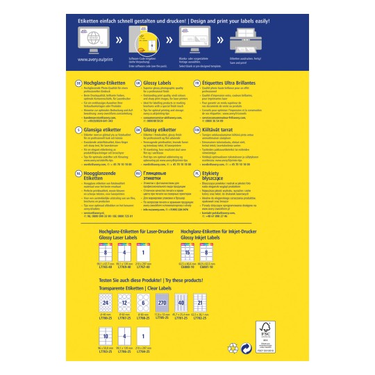Изображение представляет собой информационный флаер о глянцевых этикетках Avery для печати, содержащий различные размеры этикеток, инструкции и контактные данные на нескольких языках.