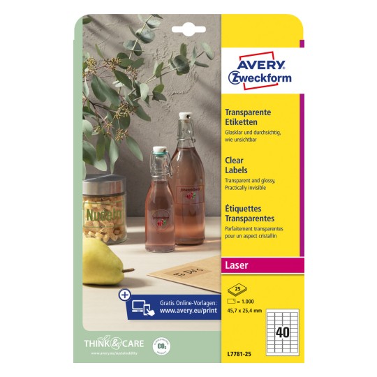 Изображение упаковки: Avery Zweckform Прозрачные этикетки, Артикул: L7781-25, Формат: 45,7 x 25,4 мм, Совместимость с принтером: лазер ч/б, цветной лазер, Содержание: 1.000 этикеток / 25 листов, 40 этикеток/лист.