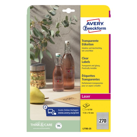 Изображение упаковки: Avery Zweckform прозрачные этикетки, Артикул: L7785-25, Формат: 17,8 x 10 мм, Совместимость с принтерами: черно-белый лазер, цветной лазер, Содержание: 6750 этикеток / 25 листов, 270 этикеток/лист.