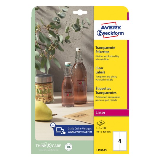 Изображение упаковки: Прозрачные этикетки Avery Zweckform, артикул: L7786-25, формат: 99,1 x 139 мм, пригодность для печати: лазерная черно-белая, цветная лазерная, содержание: 100 этикеток / 25 листов, 4 этикетки на лист.