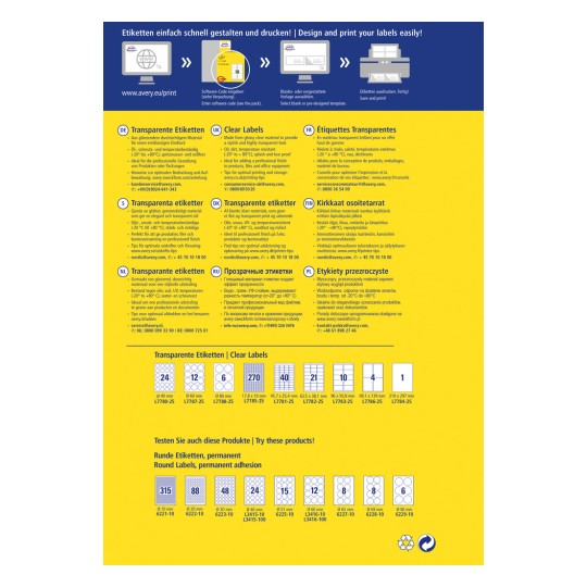 Изображение содержит информацию о прозрачных и четких этикетках от Avery, включая описание продуктов, советы по использованию и варианты шаблонов на нескольких языках.