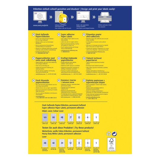 Изображение демонстрирует различные этикетки, доступные для печати, с различными стилями и размерами, а также инструкции по использованию и советы по дизайну на нескольких языках.