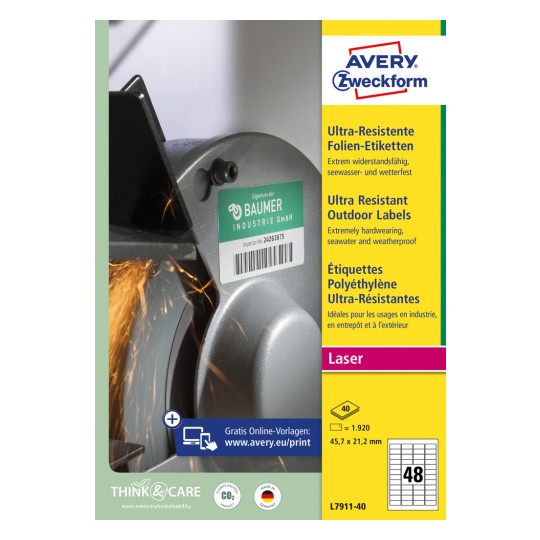 Изображение упаковки: Avery Zweckform сверхпрочные наружные этикетки, артикул: L7911-40, формат: 45,7 x 21,2 мм, подходит для печати: черно-белый лазер, цветной лазер, содержимое: 1 920 этикеток / 40 листов, 48 этикеток/лист.