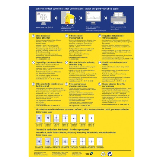 Это изображение является рекламным материалом продукции Avery, а именно сверхустойчивых наружных этикеток. Оно включает многоязычные описания характеристик, спецификаций и советы по печати этикеток, а также коды продукции и размеры.