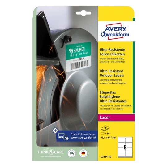 Упаковка: Avery Zweckform Ультра Прочные Уличные Этикетки, Артикул: L7914-10, Формат: 99,1 x 67,7 мм, Подходит для печати: лазер черно-белый, цветной лазер, Содержание: 80 этикеток / 10 листов, 8 этикеток/лист.