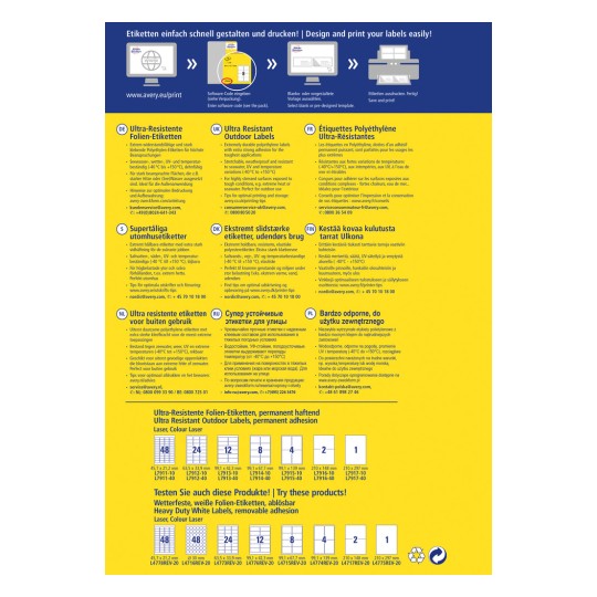Изображение демонстрирует различные виды ультра-прочных этикеток для использования на открытом воздухе, включая спецификации, инструкции по печати и размеры на нескольких языках.