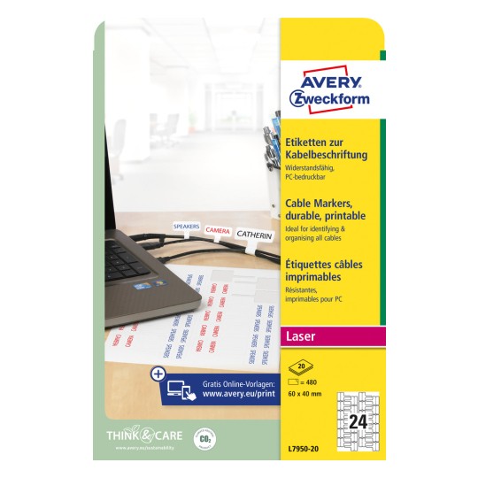 Изображение упаковки: Avery Zweckform кабельные этикетки, артикул: L7950-20, формат: 60 x 40 мм, пригодность для печати: лазер черно-белый, цветной лазер, содержание: 480 этикеток / 20 листов, 24 этикетки/лист.