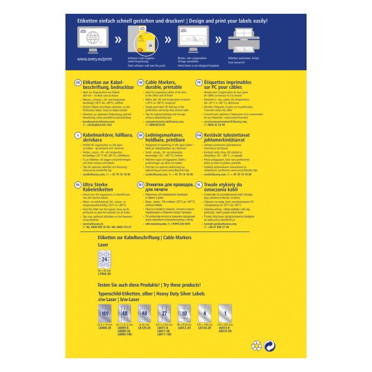 Изображение содержит информацию о различных типах маркеров и этикеток для кабелей. Включены описания продукции на нескольких языках, подчеркивающие их прочность, устойчивость к температуре и советы по использованию для организации кабелей в различных условиях. Также имеется раздел, демонстрирующий конкретные размеры этикеток и коды для заказа.