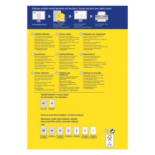 Изображение является рекламным буклетом для морозильных этикеток Avery, в котором описаны особенности, спецификации и языки для разных стран. Оно включает инструкции по дизайну и печати, контактную информацию и размеры продукта.