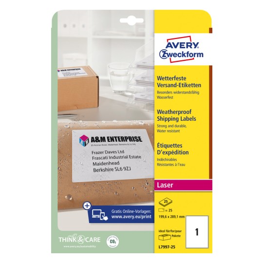 Упаковка: Avery Zweckform Водонепроницаемые транспортные этикетки, артикул: L7997-25, формат: 199,6 x 289,1 мм, пригодность для печати: лазер черно-белый, цветной лазер, содержание: 25 этикеток / 25 листов, 1 этикетка/лист.