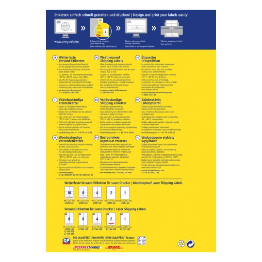 Изображение содержит многоязычную рекламу водонепроницаемых транспортировочных этикеток, подходящих для лазерных принтеров, демонстрируя различные детали продукта, размеры и инструкции по использованию.