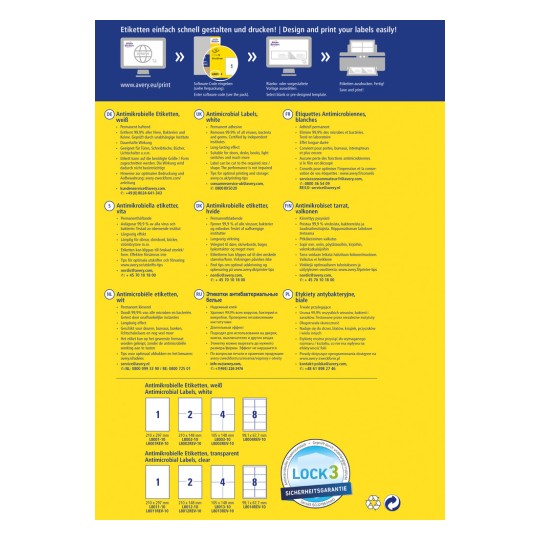 Изображение демонстрирует многоязычную рекламу антимикробных этикеток, подчеркивая различные функции, инструкции и доступные размеры для дизайна и печати. Оно включает разделы на разных языках, таких как немецкий, французский, голландский и польский, предоставляя информацию об эффективности против вирусов и бактерий и советы по использованию.