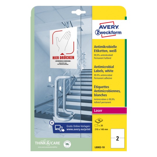 Изображение упаковки: Avery Zweckform Антимикробные этикетки, Артикул: L8002-10, Формат: 210 x 148 мм, Подходит для принтеров: лазерный черно-белый, цветной лазерный, Содержание: 20 этикеток / 10 листов, 2 этикетки/лист.