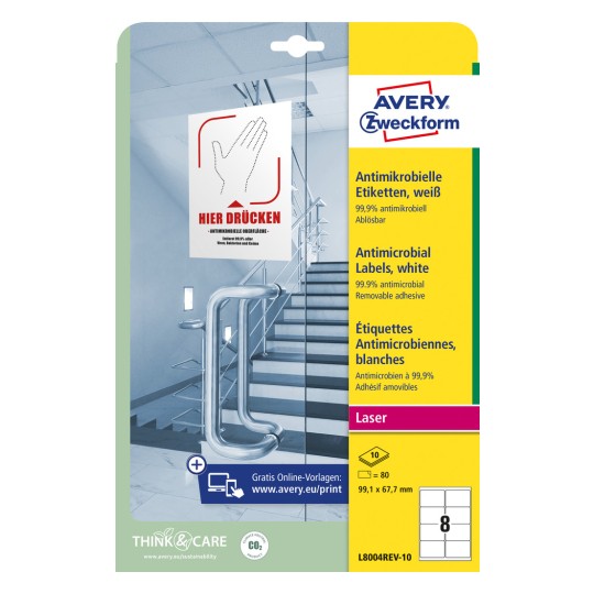 Изображение упаковки: Avery Zweckform Антимикробные этикетки, Артикул: L8004REV-10, Формат: 99,1 x 67,7 мм, Подходит для печати: лазерная черно-белая и цветная, Содержимое: 80 этикеток / 10 листов, 8 этикеток на лист.