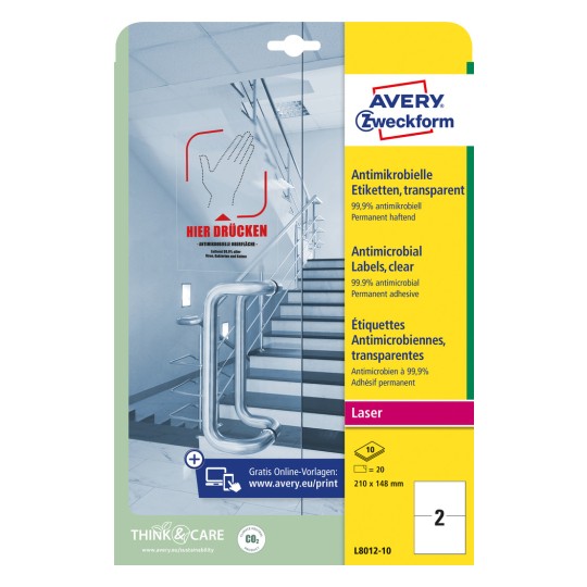 Изображение упаковки: Антимикробные этикетки Avery Zweckform, артикул: L8012-10, формат: 210 x 148 мм, пригодность для печати: лазерная ч/б, цветной лазер, содержание: 20 этикеток / 10 листов, 2 этикетки/лист.