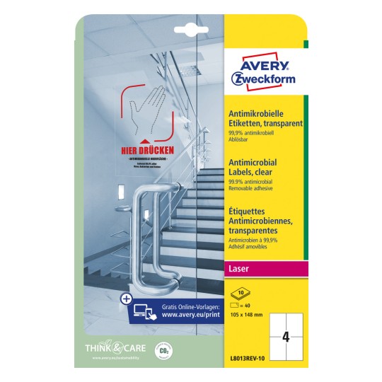 Изображение упаковки: антимикробные этикетки Avery Zweckform, статья: L8013REV-10, формат: 105 x 148 мм, пригодность для печати: лазер черно-белый, цветной лазер, содержимое: 40 этикеток / 10 листов, 4 этикетки/лист.