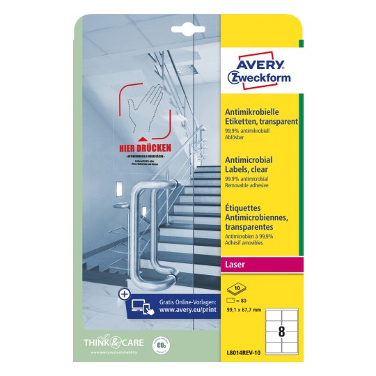 Изображение упаковки: Avery Zweckform антимикробные этикетки, артикул: L8014REV-10, формат: 99,1 x 67,7 мм, для печати: лазерная Ч/Б, цветная лазерная, количество: 80 этикеток / 10 листов, 8 этикеток/лист.