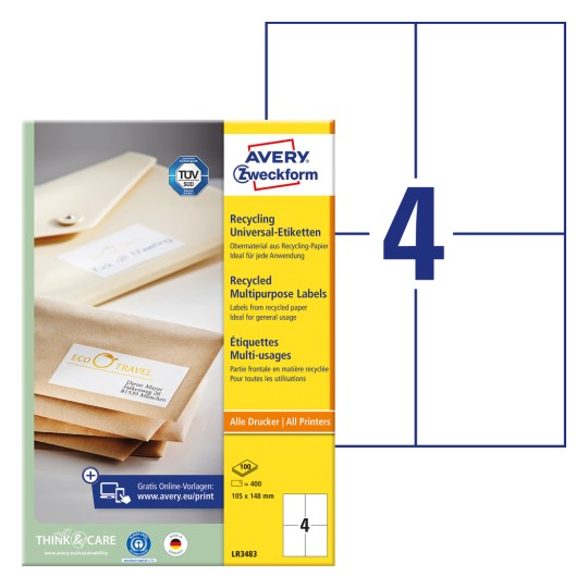Изображение упаковки с листом этикеток: Avery Zweckform Recycling Universal-Etiketten, товар: LR3483, формат: 105 x 148 мм, пригодность для печати: струйный принтер, лазерный принтер ч/б, цветной лазерный принтер, содержание: 400 этикеток / 100 листов, 4 этикетки/лист.