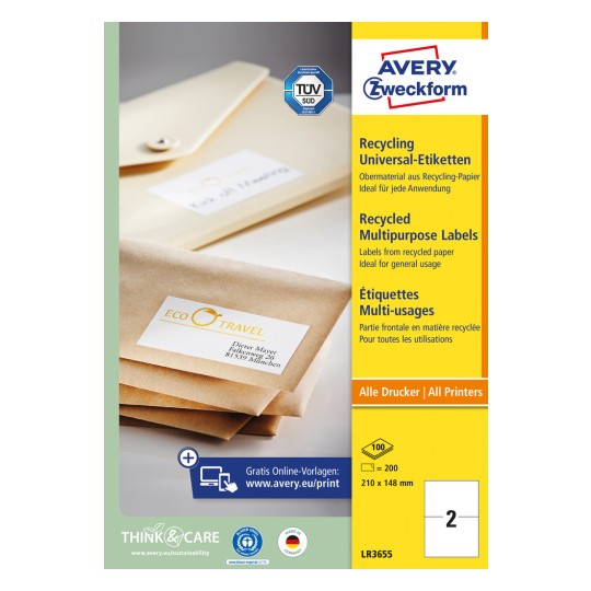 Изображение упаковки: Avery Zweckform Recycling Universal-Etiketten, артикул: LR3655, формат: 210 x 148 мм, назначение для печати: струйный принтер, лазерный ч/б, цветной лазер, содержание: 200 этикеток / 100 листов, 2 этикетки/лист?