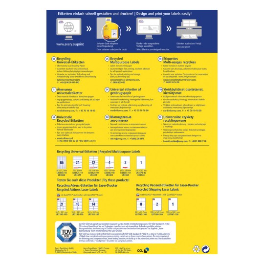 Изображение отображает флаер для этикеток Avery, содержащий информацию о переработанных этикетках на нескольких языках, включая данные о размерах, применении и инструкциях по печати.