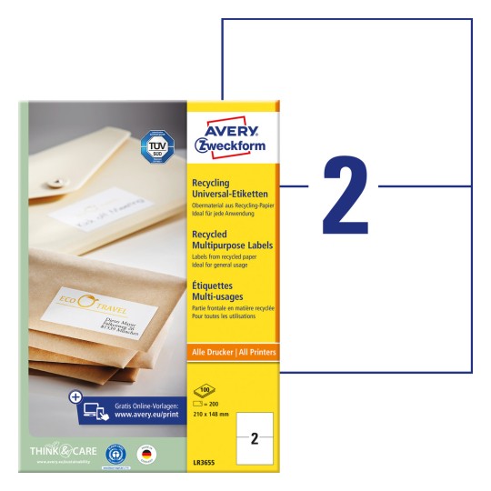 Изображение упаковки со строкой этикеток: Avery Zweckform Recycling Universal-Etiketten, артикул: LR3655, формат: 210 x 148 мм, совместимость с принтерами: струйный, лазерный ч/б, цветной лазерный, содержимое: 200 этикеток / 100 листов, 2 этикетки/лист.