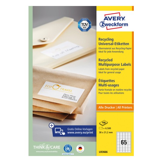 Упаковка: Универсальные этикетки Avery Zweckform Recycling, артикул: LR3666, формат: 38 x 21,2 мм, подходящая печать: струйная, черно-белый лазер, цветной лазер, содержимое: 6.500 этикеток / 100 листов, 65 этикеток/лист.