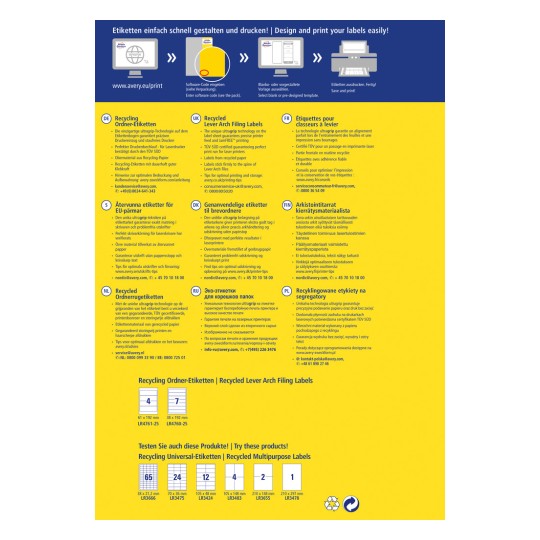 Изображение демонстрирует многоязычную листовку, рекламирующую продукты Avery с этикетками для файлов из переработанных материалов, с описанием уникальных технологий печати, советами для оптимальной печати и характеристиками продукта.