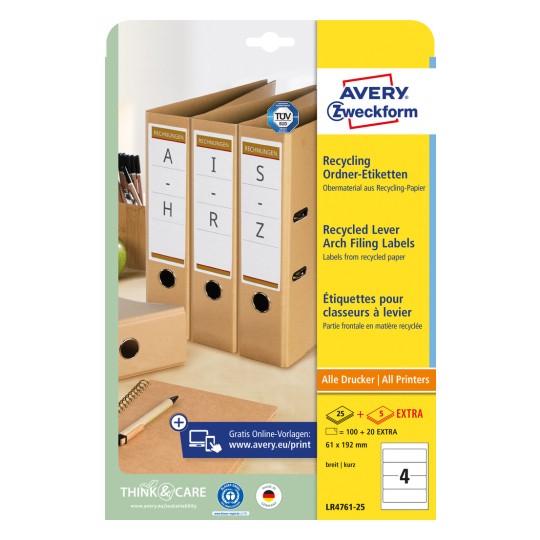 Изображение упаковки: Avery Zweckform Recycling папочные этикетки, артикул:  LR4761-25, формат: 61 x 192 мм, пригодность для печати: струйная, лазерная ч/б, цветная лазерная, содержимое: 120 этикеток / 30 листов, 4 этикетки/лист.