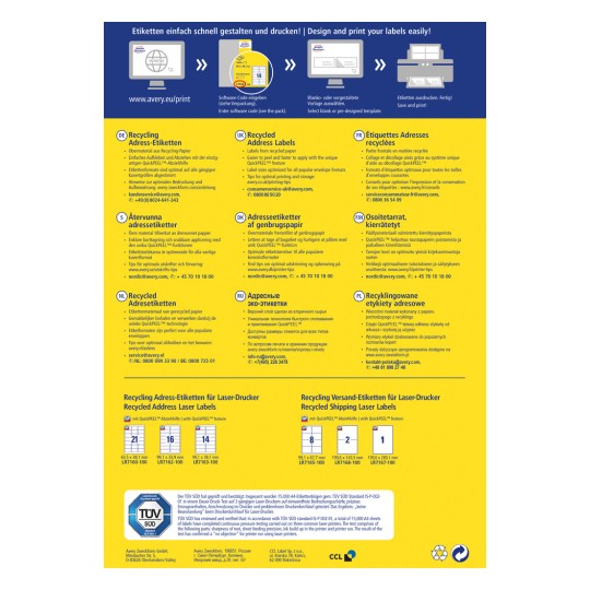 Изображение представляет собой многоязычную инструкцию по печати переработанных адресных этикеток, содержащую информацию об использовании, характеристиках и список продуктов с соответствующими кодами. Оно подчеркивает простоту использования и экологичность.