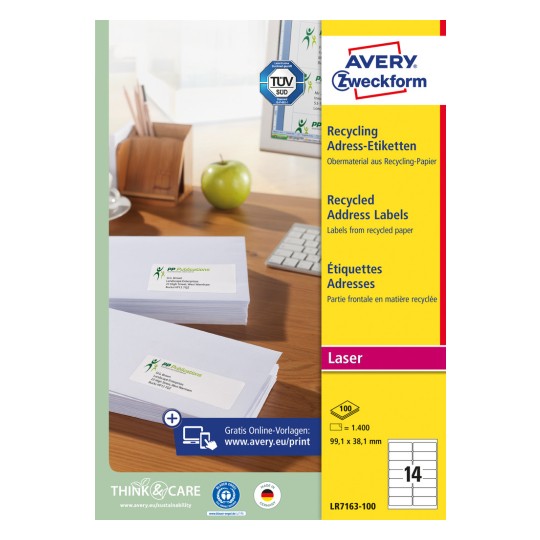 Изображение упаковки: этикетки для отправки из переработанных материалов Avery Zweckform, артикул: LR7163-100, формат: 99,1 x 38,1 мм, пригодность для печати: лазерная черно-белая, цветная лазерная, содержимое: 1400 этикеток / 100 листов, 14 этикеток/лист.