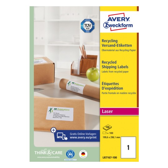 Изображение упаковки: Почтовые этикетки Avery Zweckform Recycling, Артикул: LR7167-100, Формат: 199,6 x 289,1 мм, Подходит для печати: черно-белый лазер, цветной лазер, Содержимое: 100 этикеток / 100 листов, 1 этикетка/лист.