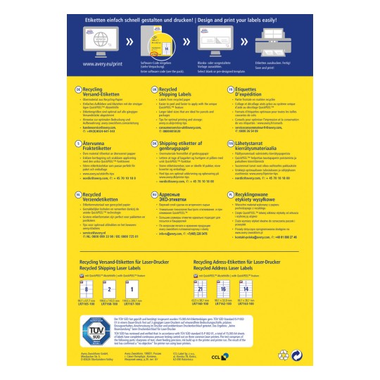 Изображение показывает многоязычное руководство для переработанных этикеток Avery, предлагающее шаги по проектированию, печати и советы для оптимального использования, включая различные форматы этикеток и информацию на разных языках.