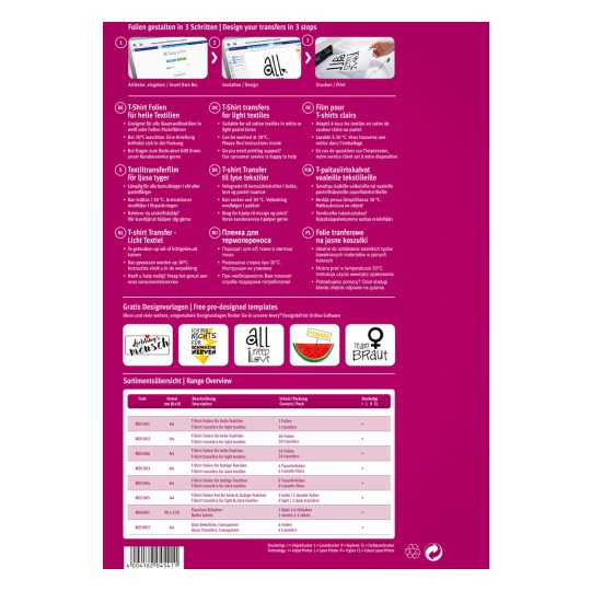 Изображение демонстрирует красочный информационный график о разработке переводных рисунков для футболок. В нем содержатся инструкции на нескольких языках о том, как использовать переводную фольгу для текстиля, а также представлены диапазон кодов продукции, форматы, количества и типы печати. Внизу также представлены образцы дизайнов.