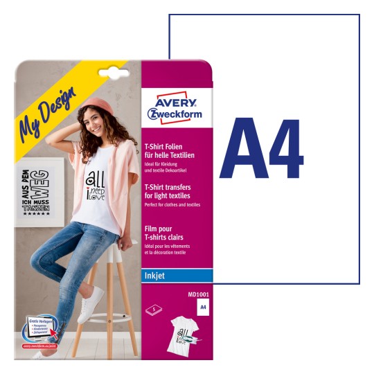 Изображение упаковки с листами этикеток: Avery Zweckform переводные пленки для светлых тканей, Артикул: MD1001, Формат: 210 x 297 мм, Подходит для печати: струйный принтер, Содержание: 5 листов.