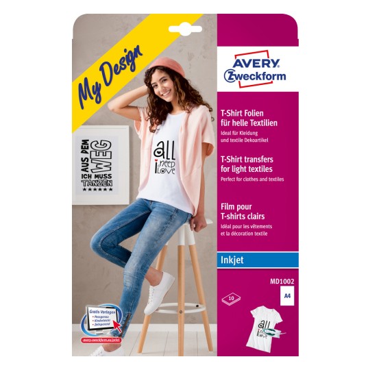 Изображение упаковки: пленка для термопереноса на светлые ткани Avery Zweckform, артикул: MD1002, формат: 210 x 297 мм, подходит для: струйных принтеров, содержание: 10 листов.