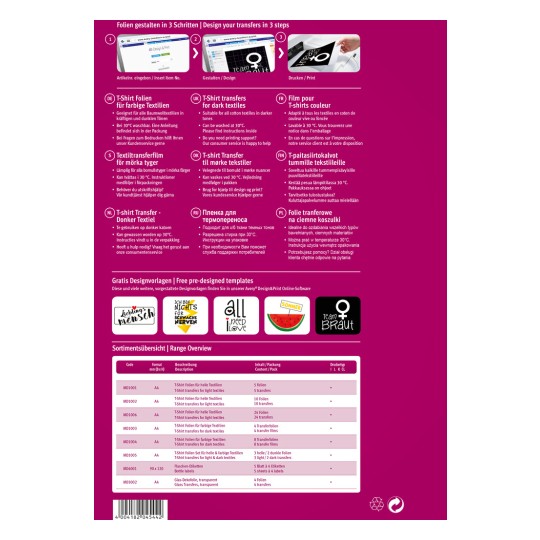 Изображение содержит руководство по созданию и печати трансферов для футболок, предоставляя инструкции на нескольких языках и описывая различные продукты и их характеристики для текстиля.