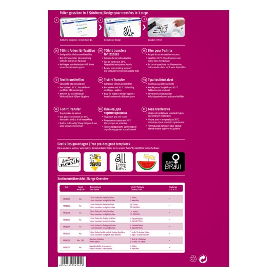 Изображение содержит информацию о разработке переводных изображений на футболки на нескольких языках. Оно включает шаги для создания переводов, описания продуктов и спецификации различных материалов для переводов, а также список доступных шаблонов.