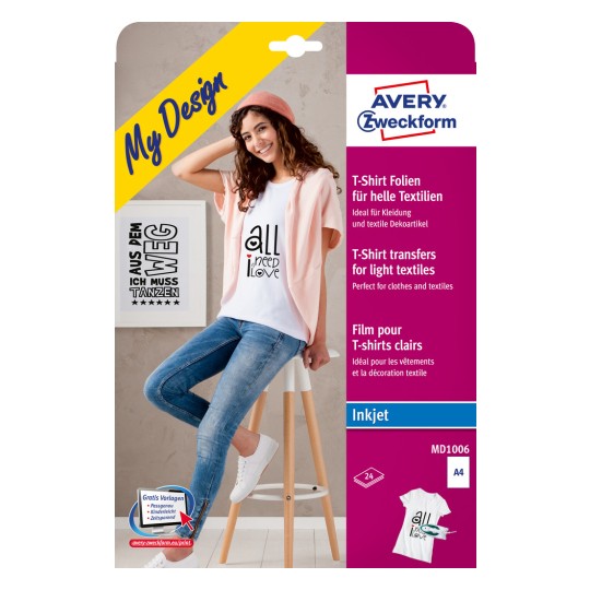 Изображение упаковки: Avery Zweckform переводная фольга для светлых тканей, артикул: MD1006, формат: 210 x 297 мм, подходит для печати: струйный принтер, содержание: 24 листа, /лист?