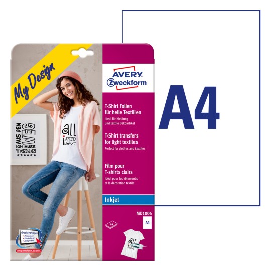 Изображение упаковки с листами этикеток: термопереносные пленки Avery Zweckform для светлых тканей, артикул: MD1006, формат: 210 x 297 мм, пригодность для печати: струйная печать, содержимое: 24 листа.