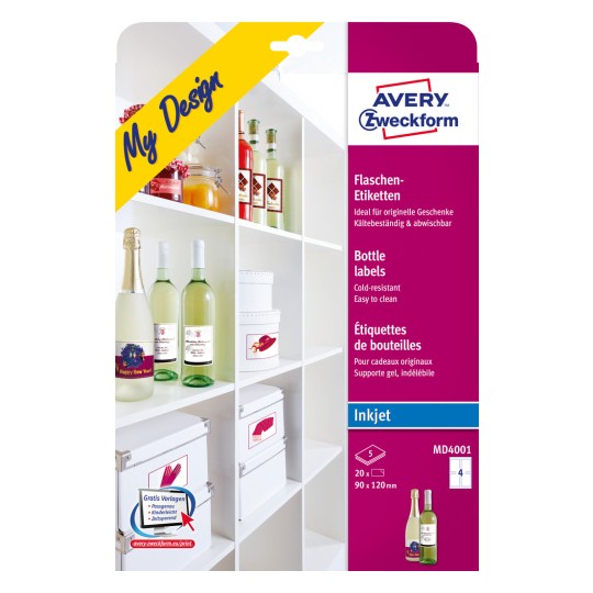 Изображение упаковки: этикетки на бутылки Avery Zweckform, артикул: MD4001, формат: 90 x 120 мм, подходит для печати: струйный принтер, содержание: 20 этикеток / 5 листов, 4 этикетки/лист.